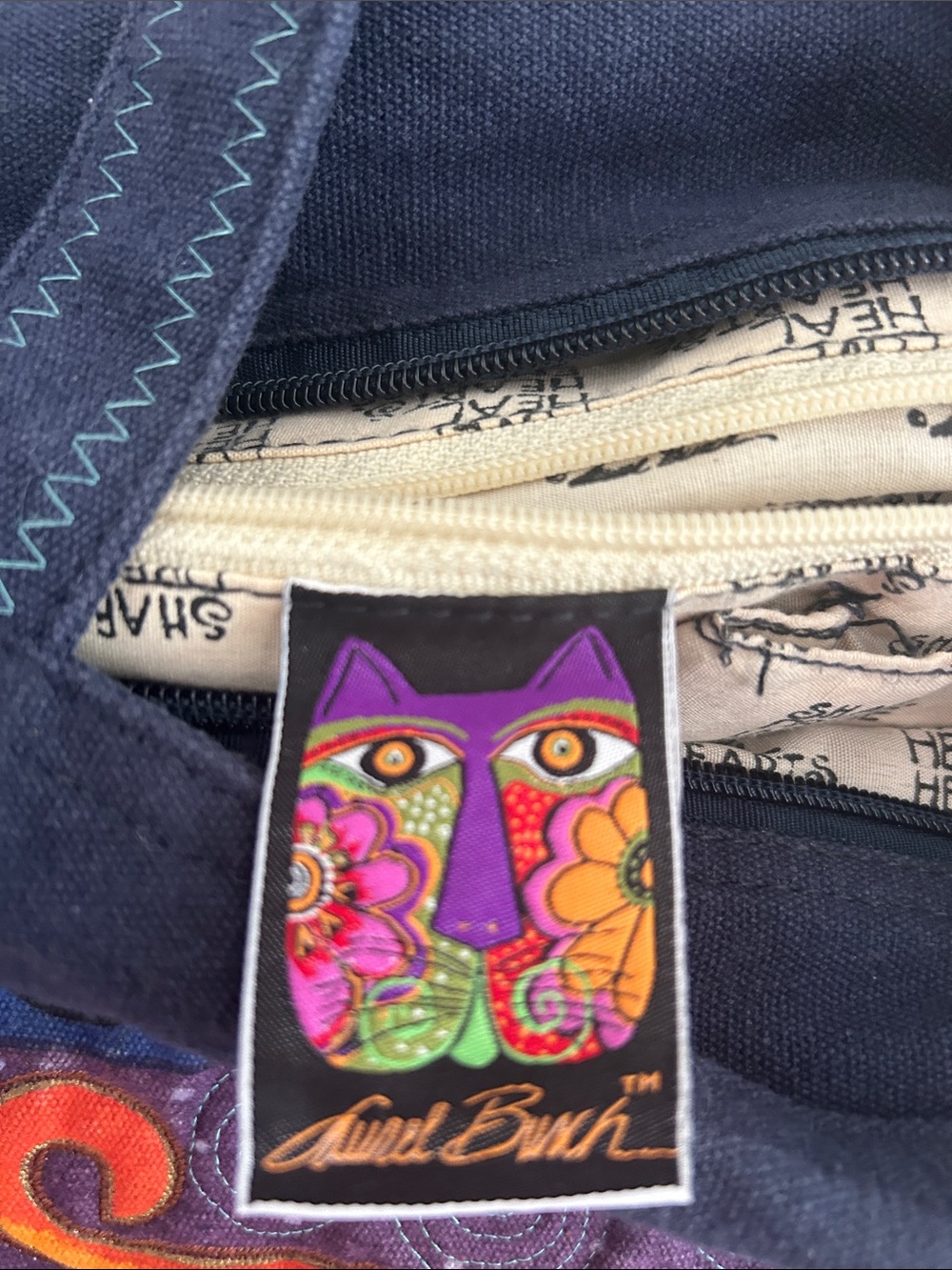 Laurel Burch Navy Tote with Purple Multicolor Cat Panel - Picture 2 of 6